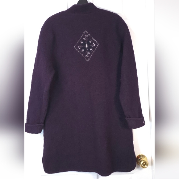 Lindor 100% Wool Long Cardigan Coat Purple Embroidered Size L Jacket Boiled Wool - Picture 7 of 11